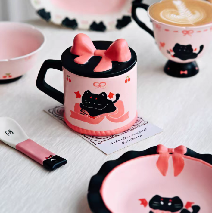 Handmade pink black Christmas Cat Mug with Saucer 🎄🐾 | Cute Holiday Ceramic Coffee Cup