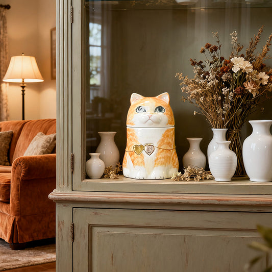 Personalized Orange Cat Urn with Removable Heart Photo Pendant | Handcrafted Ceramic Memorial | Wearable Keepsake Necklace | Made to Order