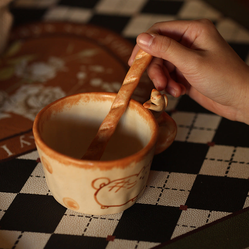 🐱 Handmade Vintage Ceramic Cat Mug Set 🐾 – Retro Artisan Coffee Cup with Cat-Tail Handle & Matching Tray