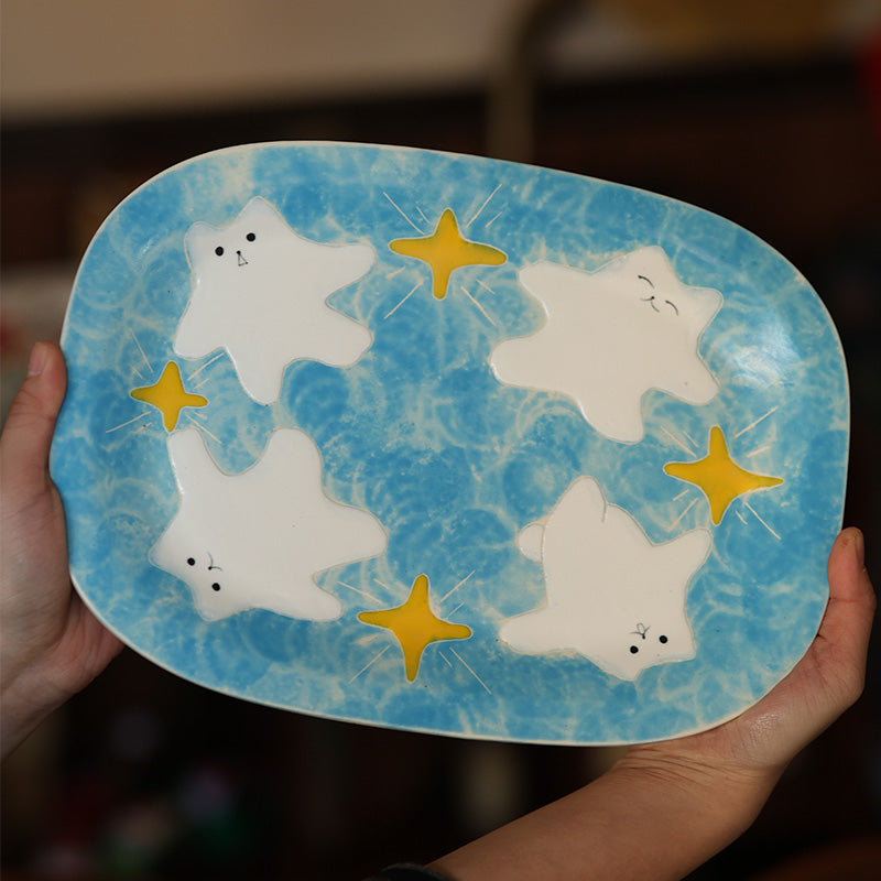Starry Blue Ceramic Cat Plate 🐱✨ | Cute 3D Kitty Snack & Dessert Dish 🐾 | Aesthetic Pet-Themed Tableware