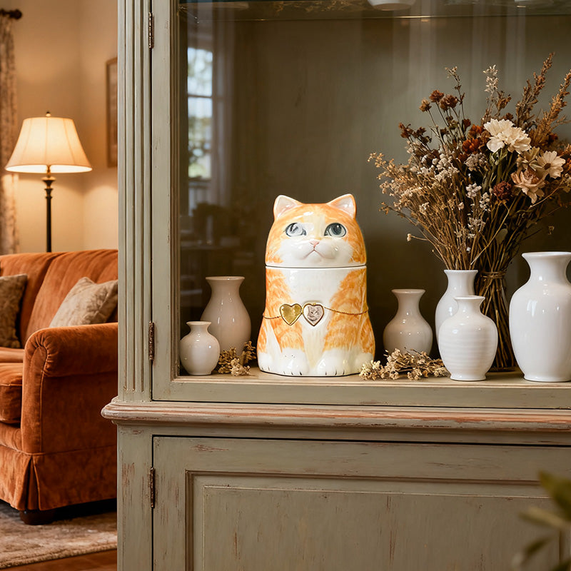 Personalized Orange Cat Urn with Removable Heart Photo Pendant | Handcrafted Ceramic Memorial | Wearable Keepsake Necklace | Made to Order