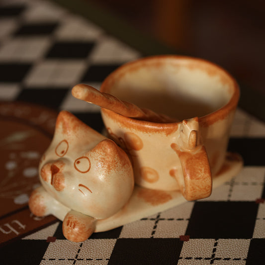 🐱 Handmade Vintage Ceramic Cat Mug Set 🐾 – Retro Artisan Coffee Cup with Cat-Tail Handle & Matching Tray