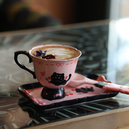 Handmade pink black Christmas Cat Mug with Saucer 🎄🐾 | Cute Holiday Ceramic Coffee Cup