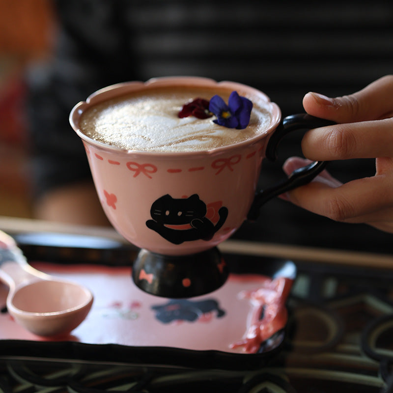 Handmade pink black Christmas Cat Mug with Saucer 🎄🐾 | Cute Holiday Ceramic Coffee Cup