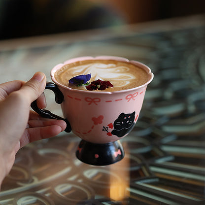 Handmade pink black Christmas Cat Mug with Saucer 🎄🐾 | Cute Holiday Ceramic Coffee Cup