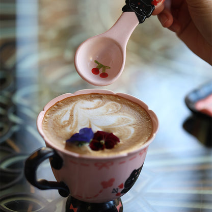 Handmade pink black Christmas Cat Mug with Saucer 🎄🐾 | Cute Holiday Ceramic Coffee Cup