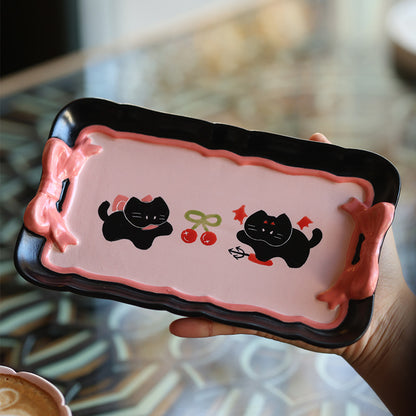 Handmade pink black Christmas Cat Mug with Saucer 🎄🐾 | Cute Holiday Ceramic Coffee Cup