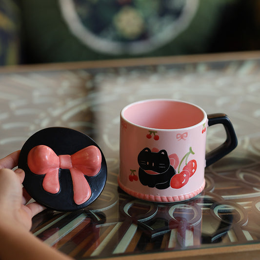Handmade pink black Christmas Cat Mug with Saucer 🎄🐾 | Cute Holiday Ceramic Coffee Cup