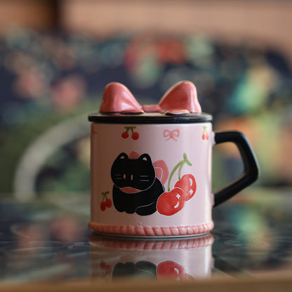 Handmade pink black Christmas Cat Mug with Saucer 🎄🐾 | Cute Holiday Ceramic Coffee Cup