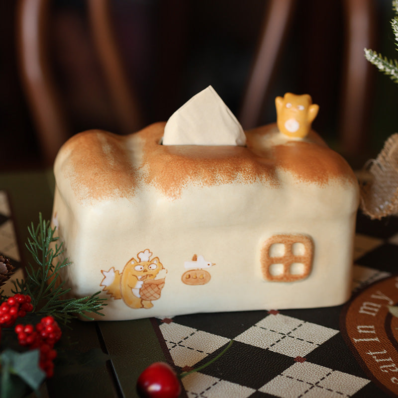 Kawaii Bread House Tissue Box 🍞🦊 | Cute Toast-Shaped Ceramic Tissue Holder with Little Animal Figurine | Cozy Home Decor