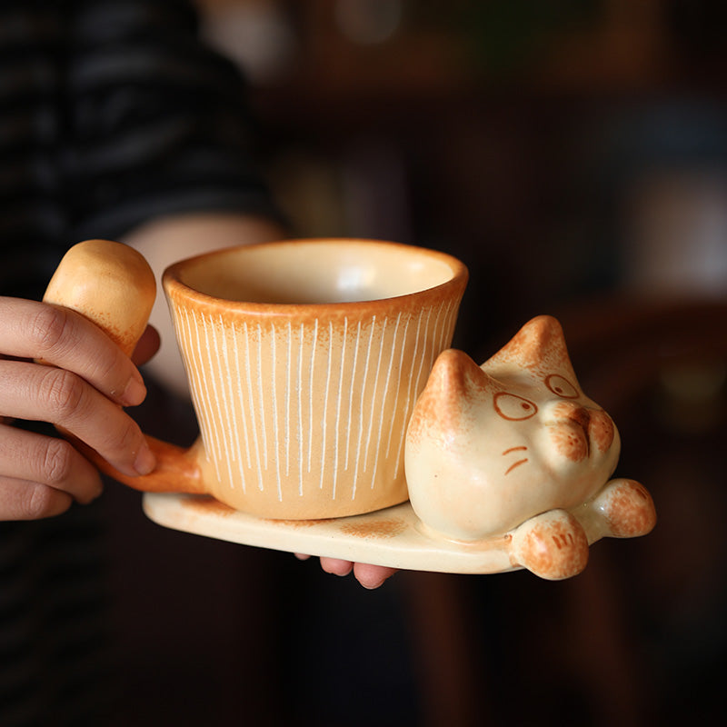 🐱 Handmade Vintage Ceramic Cat Mug Set 🐾 – Retro Artisan Coffee Cup with Cat-Tail Handle & Matching Tray