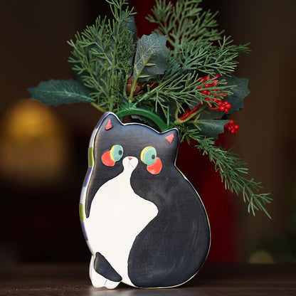 Handmade Black & White Cat Ceramic Vase 🐾 | Cute Chubby Kitty Flower Holder & Decorative Ornament