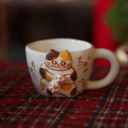 Cute Calico Cat Ceramic Bowl 🐱 | 3D Kitty Mug with Rotating Detail