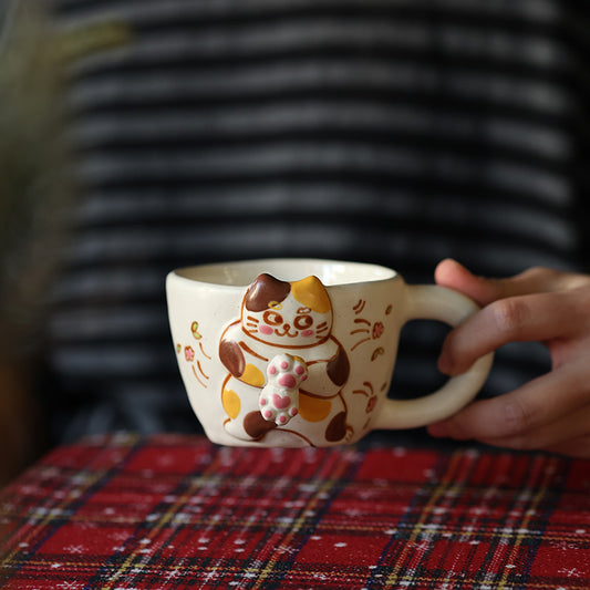 Cute Calico Cat Ceramic Bowl 🐱 | 3D Kitty Mug with Rotating Detail