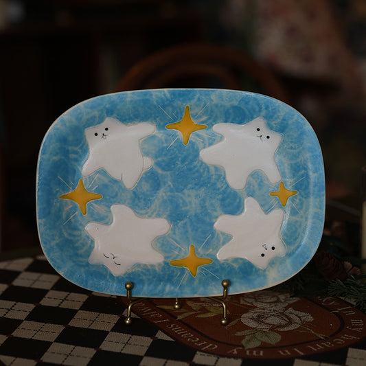 Starry Blue Ceramic Cat Plate 🐱✨ | Cute 3D Kitty Snack & Dessert Dish 🐾 | Aesthetic Pet-Themed Tableware