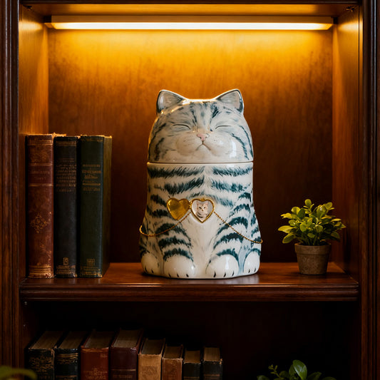 Personalized Cat Urn with Heart Photo Pendant | Hand-Painted Ceramic Pet Memorial | Necklace Keepsake | Made to Order