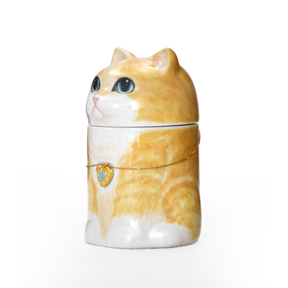 Personalized Orange Cat Urn with Removable Heart Photo Pendant | Handcrafted Ceramic Memorial | Wearable Keepsake Necklace | Made to Order