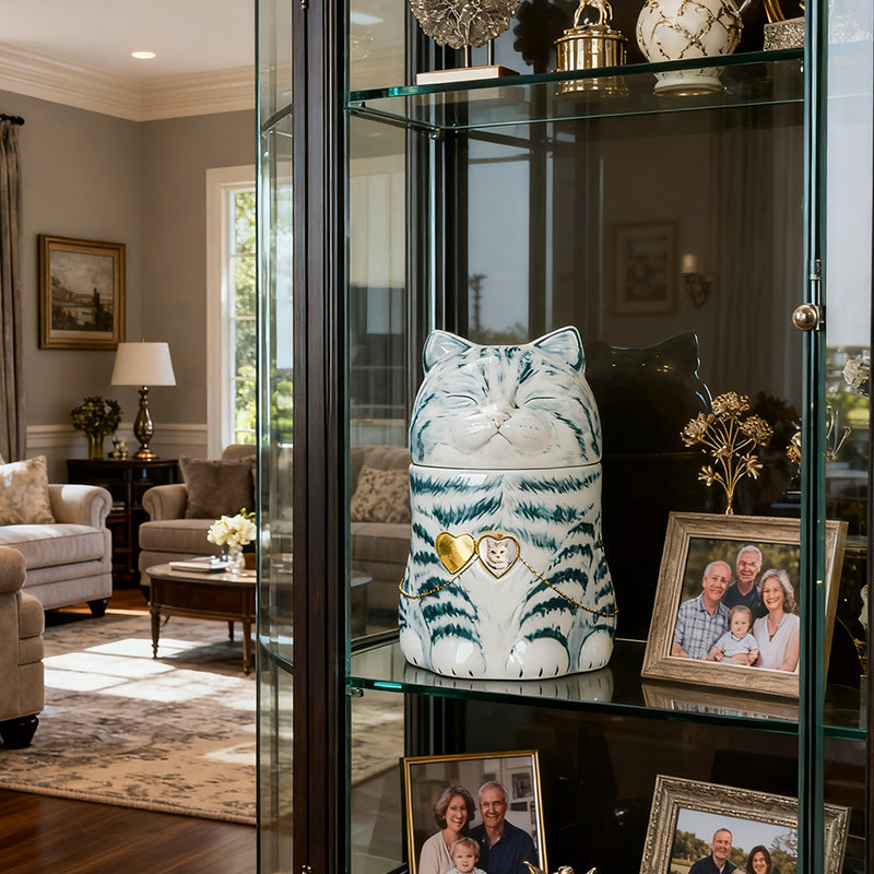 Personalized Cat Urn with Heart Photo Pendant | Hand-Painted Ceramic Pet Memorial | Necklace Keepsake | Made to Order