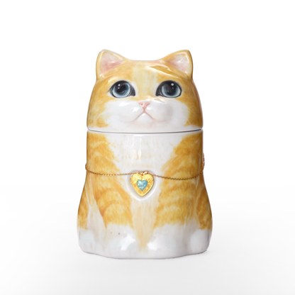 Personalized Orange Cat Urn with Removable Heart Photo Pendant | Handcrafted Ceramic Memorial | Wearable Keepsake Necklace | Made to Order