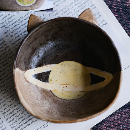 Handmade Ceramic Cat Bowl 🐾 | Cute Kitty-Ear Planet Design 🌙 Japanese-Style Pet Food Bowl