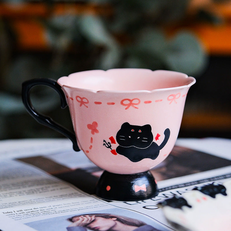 Handmade pink black Christmas Cat Mug with Saucer 🎄🐾 | Cute Holiday Ceramic Coffee Cup