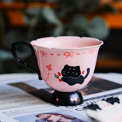 Handmade pink black Christmas Cat Mug with Saucer 🎄🐾 | Cute Holiday Ceramic Coffee Cup
