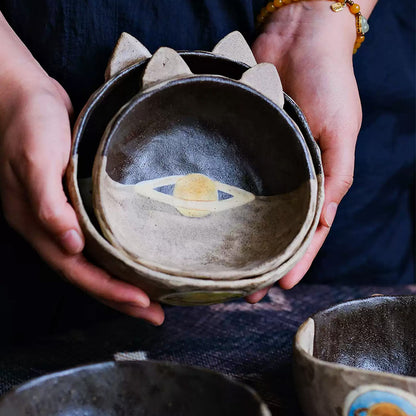 Handmade Ceramic Cat Bowl 🐾 | Cute Kitty-Ear Planet Design 🌙 Japanese-Style Pet Food Bowl