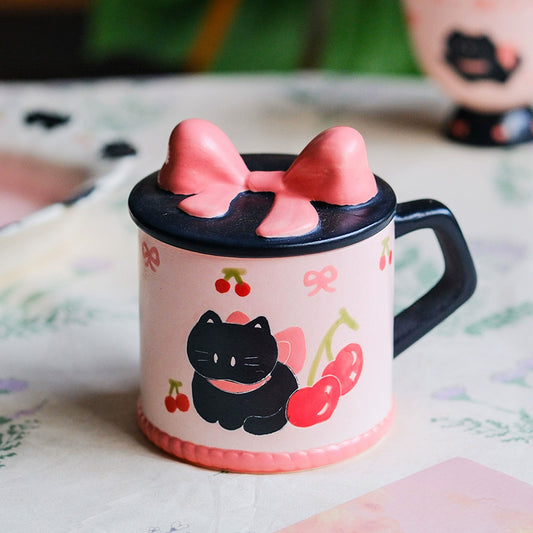 Handmade pink black Christmas Cat Mug with Saucer 🎄🐾 | Cute Holiday Ceramic Coffee Cup